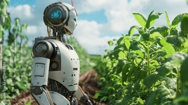 Fototapeta Futuristic Smart Robot Assisting in Agriculture and Farming with Lush Green Crops in Background under Bright Blue Sky