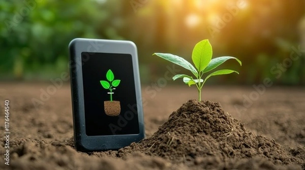 Obraz A smartphone displays a plant graphic beside a growing seedling in rich soil, symbolizing technology's role in sustainable agriculture.