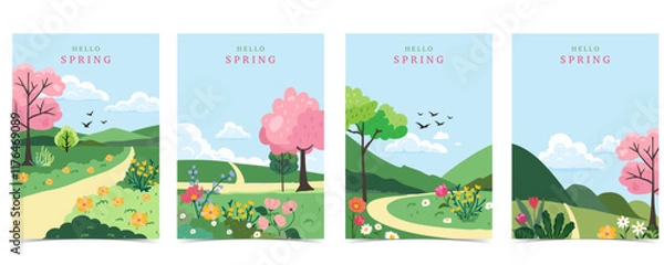Obraz Spring landscape background with mountain and tree  for a4 vertical design