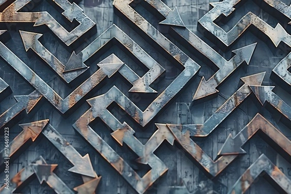 Fototapeta A 3D abstract maze of interwoven arrows, metallic texture, depicting choices, paths, and the challenges of finding a solution. Blue and rusty tones, complex design.