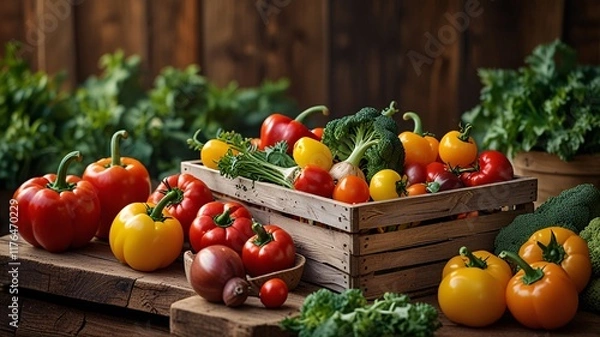 Obraz Rustic Basket of Fresh Vegetables on a Sunlit Wooden Table V4