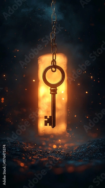 Obraz Mysterious Golden Key  Chain  Fire  Light  Sparkles  Dark Background
