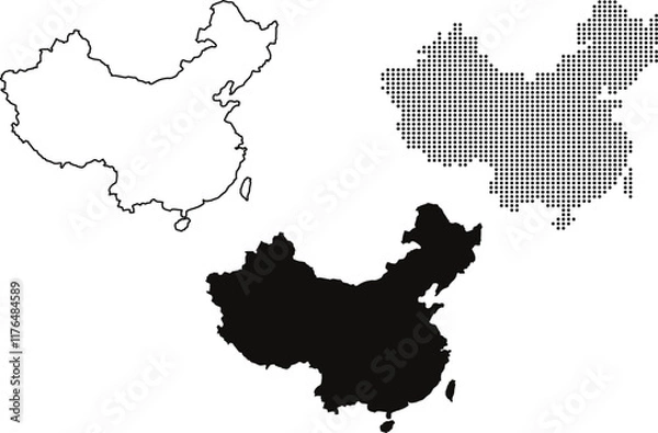 Fototapeta Stylized China Map Variations: Minimal Outline, Dotted Grid, and Solid Shadow Designs