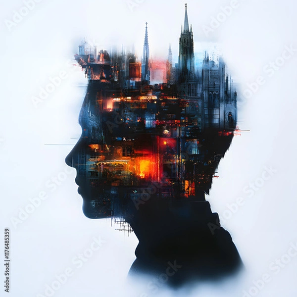 Fototapeta image features silhouette of person with vibrant cityscape integrated into their profile, symbolizing creativity and urban