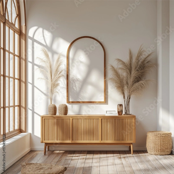 Fototapeta Modern Boho Interior with Wooden Cabinet and Arched Mirror - A rustic minimalist interior showcasing a wooden cabinet, blank frame, dried plants, and soft sunlight through arched windows.
