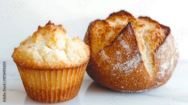 Fototapeta Delicious Muffins and Fresh Bread A Culinary Delight in a Cozy Kitchen Food Photography Inviting Atmosphere