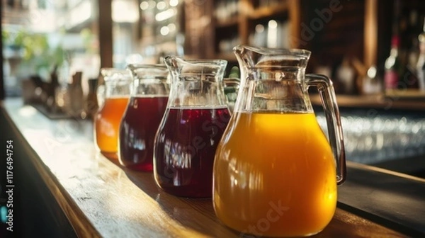 Fototapeta a row of pitchers of juice on a bar