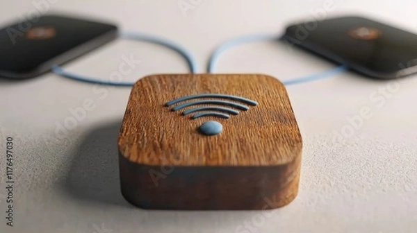 Fototapeta Wireless Network Connection  Wooden Router  Devices   Wifi Symbol