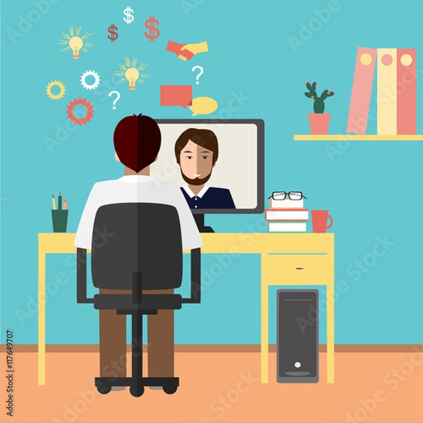 Obraz Talk through the Internet. Two businessmen communicate via Internet. Vector illustration