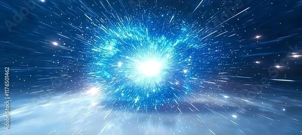 Fototapeta Hyperspace tunnel, radiating energy and light. Bright stars illuminate the blue explosion. Futuristic concept , isolated on white background,  , copy space for text,