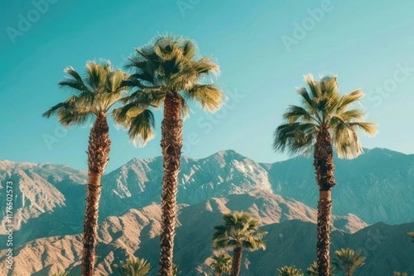 Fototapeta Flawless Picture of Palm Trees and Mountain Range Background in La Quinta, California