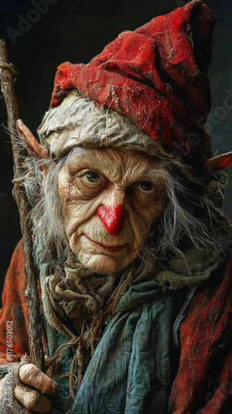 Obraz Weathered Elf Portrait  Fantasy Character  Red Hat  Staff
