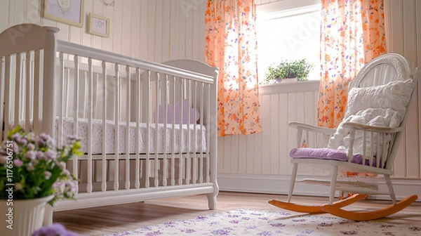 Fototapeta Nursery Room Decor Crib, Rocking Chair, and Floral Accents