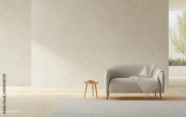 Fototapeta Modern living room featuring a minimalistic sofa and natural light in a serene setting