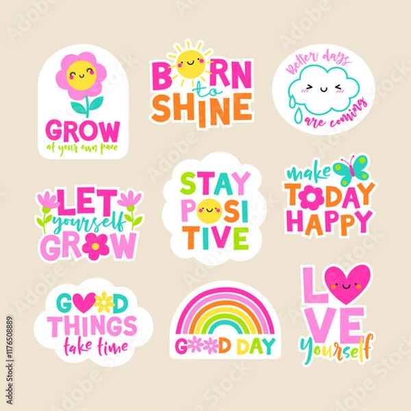 Obraz Set of positive thinking concept stickers design. Encourage quotes lettering with cute elements.