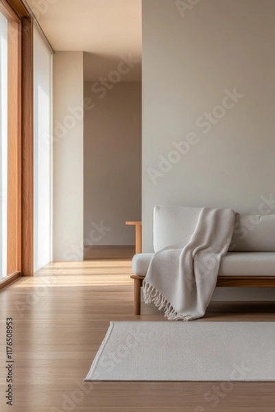 Fototapeta Cozy modern living room with natural light and minimalistic decor in a serene setting
