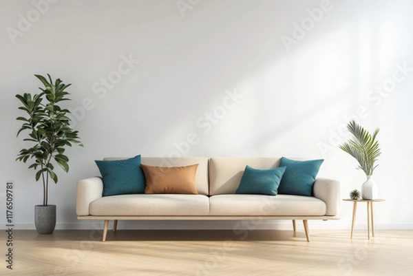 Fototapeta Modern living room with a stylish sofa decorative plants and natural light in a cozy setting