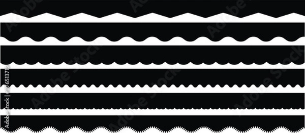 Fototapeta Scalloped edge seamless set. borders and dividers. Simple scalloped border. Repeat cute vintage frill ornament. Texture ribbons. Vector illustration isolated on white background.