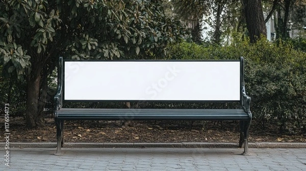 Fototapeta Empty park bench with blank billboard for advertisement.