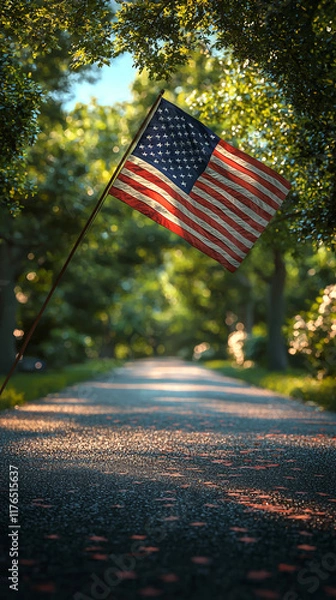 Obraz American Flag on Tree Lined Path  Summer  Patriotism