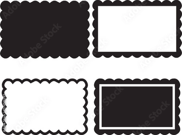 Fototapeta Set of scalloped frames vector collection. Circle, square, oval and rectangle forms with frill lace edges. Scallop labels, Clipart image vector illustration isolated on white background