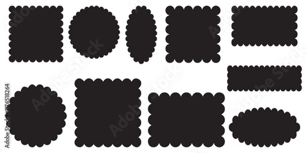 Fototapeta Set of scalloped frames vector collection. Circle, square, oval and rectangle forms with frill lace edges. Scallop labels, Clipart image vector illustration isolated on white background.