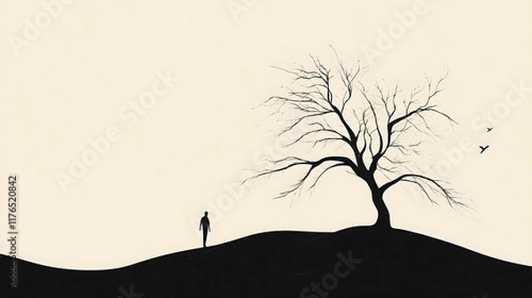 Fototapeta Silhouette of a person walking towards a bare tree on a hill.