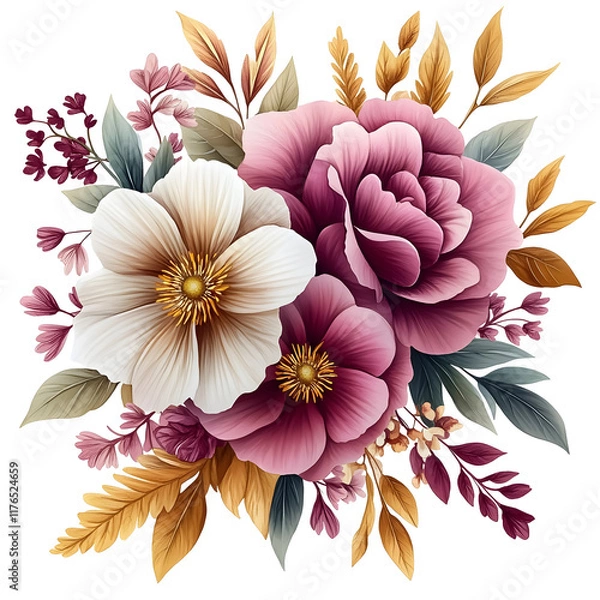 Fototapeta Nature, flowers, clipart watercolor painting of flower, symmetrical pattern, botanical print on white background, vintage style.QW-0617