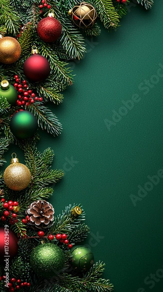 Fototapeta Festive Christmas Green Background with Ornaments   Fir Branches