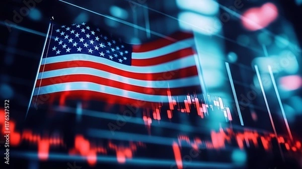 Obraz American Flag with Stock Market Data Overlays in Abstract Technology Style : Generative AI