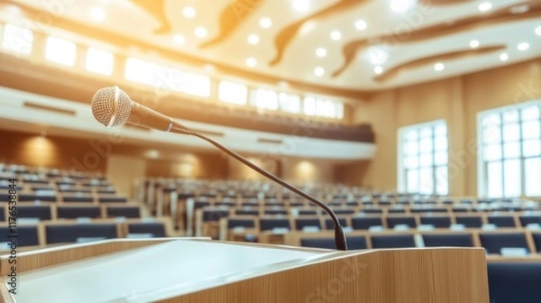 Fototapeta Microphone on Podium in a Bright Conference Hall