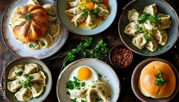 Fototapeta Rustic Feast of Homemade Tortellini and Dumplings with Fresh Herbs and Egg Yolks