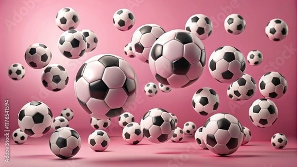 Fototapeta Floating soccer and football balls of various sizes on pink background, sports, abstract, concept, soccer, football