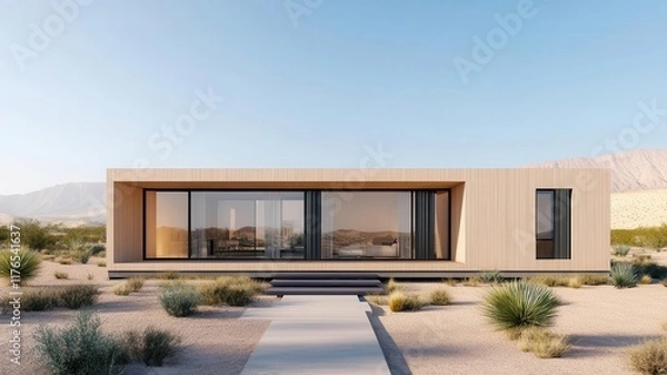 Fototapeta A desert-located container house with a modern design blending harmoniously into the environment