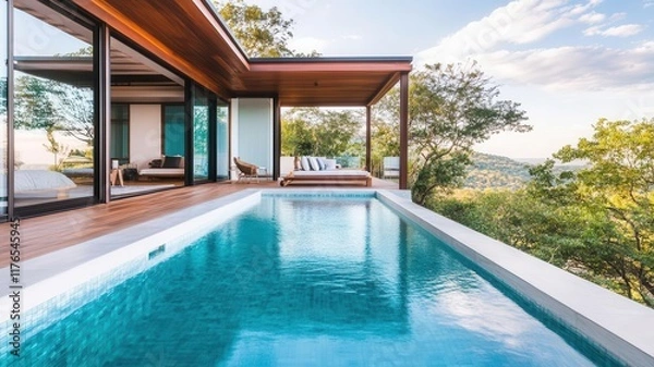 Fototapeta A sustainable luxury container house with an infinity pool and breathtaking views