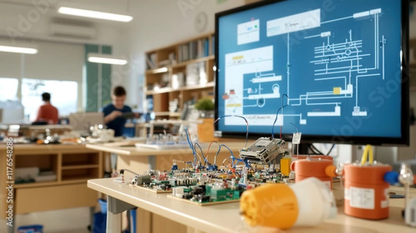 Fototapeta Robots in classrooms enhance STEM education. Laboratory workspace with electronics and a digital display screen.