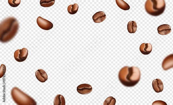 Fototapeta Falling coffee beans on transparent background. Flying coffee grains isolated with blur effect. Advertising, package design. Realistic 3d Vector illustration.