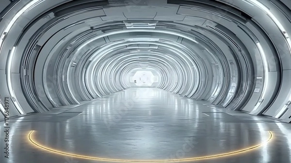Fototapeta Large white and silver futuristic corridor with glowing lights along the walls, featuring a sleek round shape and modern architectural design. A perfect setting for sci-fi and innovative technological