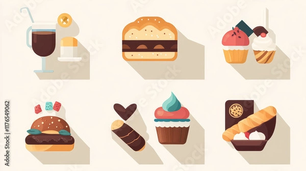 Fototapeta Food and drinks flat icons of bread, butter, cheese, wine, porridge, fish, chinese food, dairy, cupcake, croissant, chocolate bars and candies, juice, nuts
