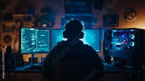 Fototapeta Hacker Silhouette on Blue BSOD Screen. System Hacking Cyber Attack. Global Outage Malware Attention Sign. Computer Hacked Error Concept. Vector Illustration.