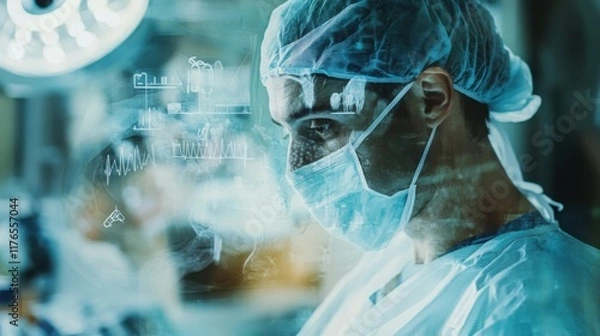 Fototapeta Double exposure of a doctor shown in mixed views (side, front) with an overlay of surgical tools and medical icons.