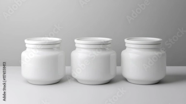 Fototapeta three white jars with lids sit on a table