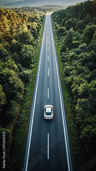 Obraz Aerial View  Car Driving on Scenic Forest Road