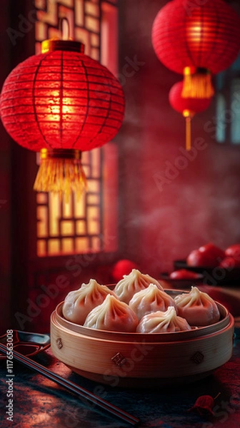 Obraz Steaming Dumplings in Bamboo Steamer  Chinese Lanterns