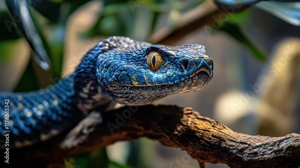 Fototapeta A close-up of a blue snake resting on a branch among greenery.