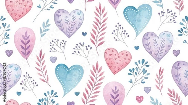 Fototapeta Pastel Watercolor Hearts and Leaves Seamless Pattern Design