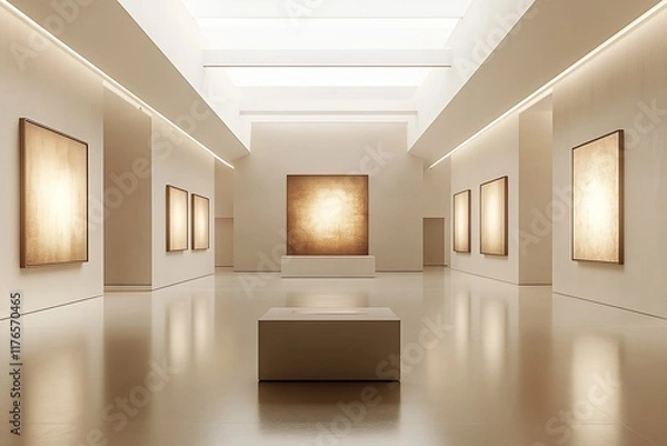 Fototapeta Minimalist art gallery with abstract paintings in elegant modern interior : Generative AI