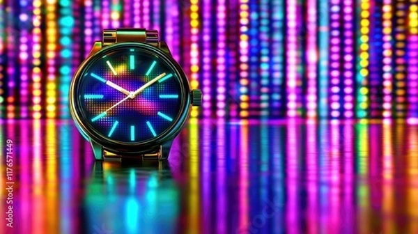 Fototapeta Stylish Wristwatch with Vibrant Neon Lights in Modern Artistic Setting