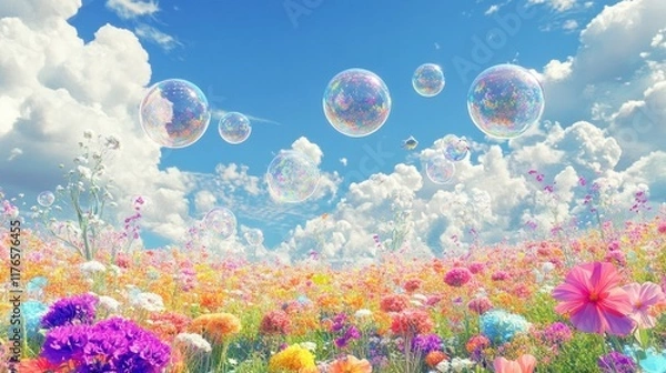 Fototapeta Colorful flowers and iridescent bubbles float in a vibrant meadow under a sunny sky.