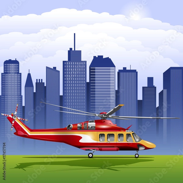 Obraz Image of helicopter on the background the skyscrapers of the business center of the modern city.